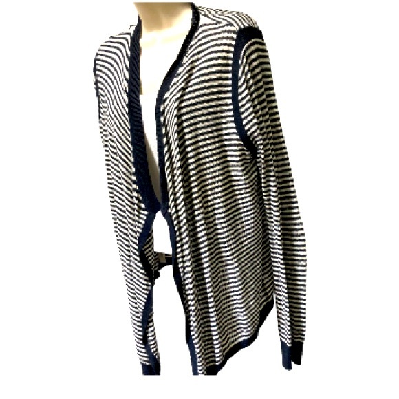 ANN TAYLOR LOFT Black and White Striped Open Button Cardigan Womans Large - Picture 3 of 16